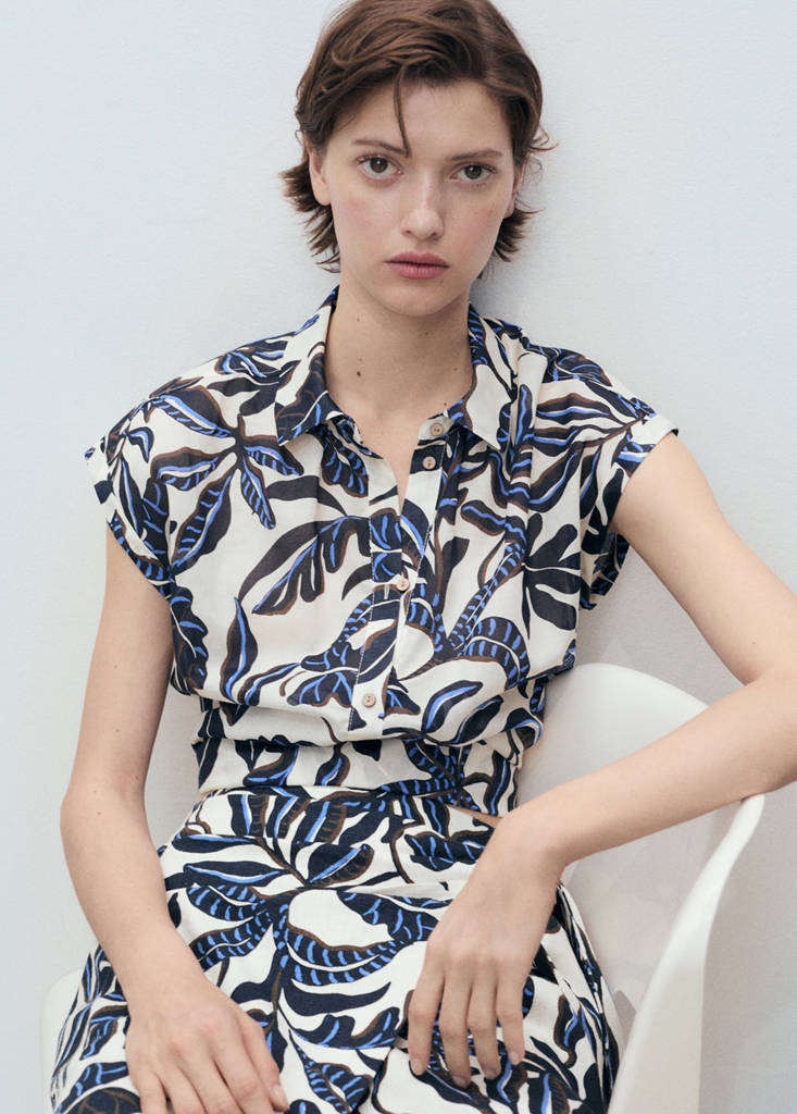 Printed cotton shirt with short sleeves — Ecru