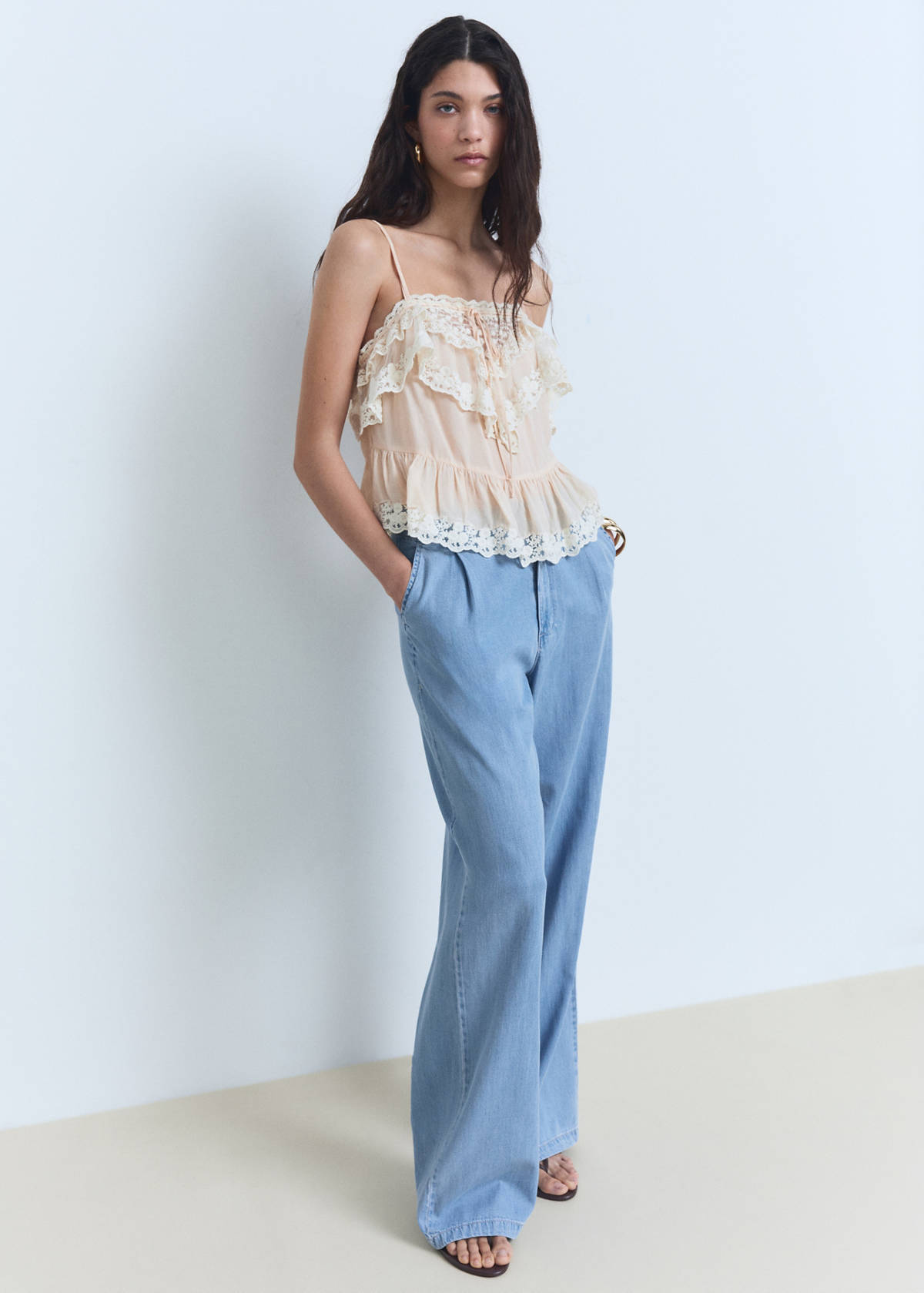 Wide leg lyocell pants with pleats — Light Blue