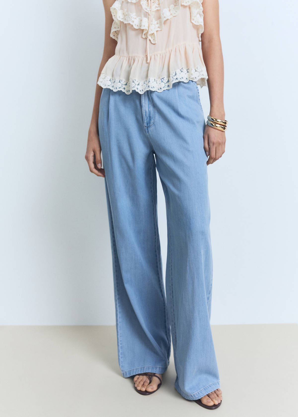 Wide leg lyocell pants with pleats — Light Blue