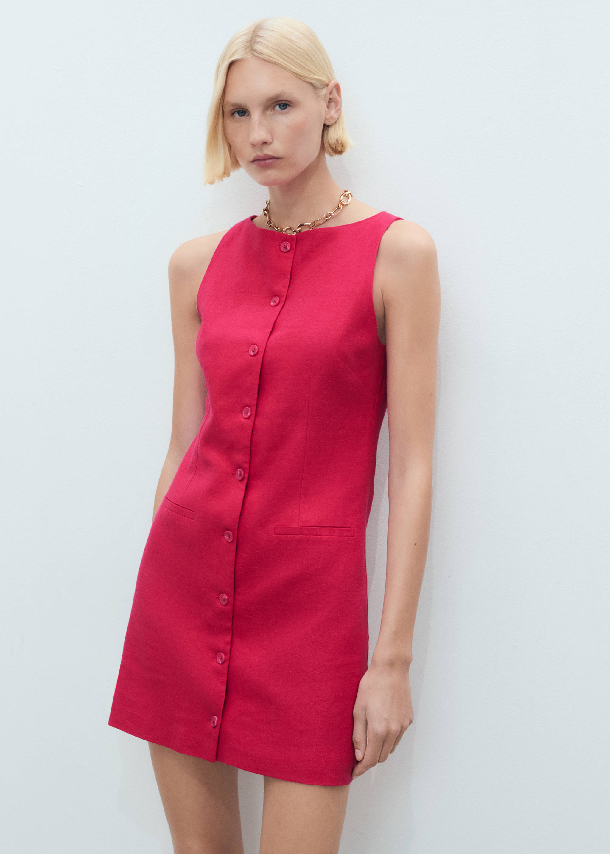 Short button-down linen-blend dress - Medium plane