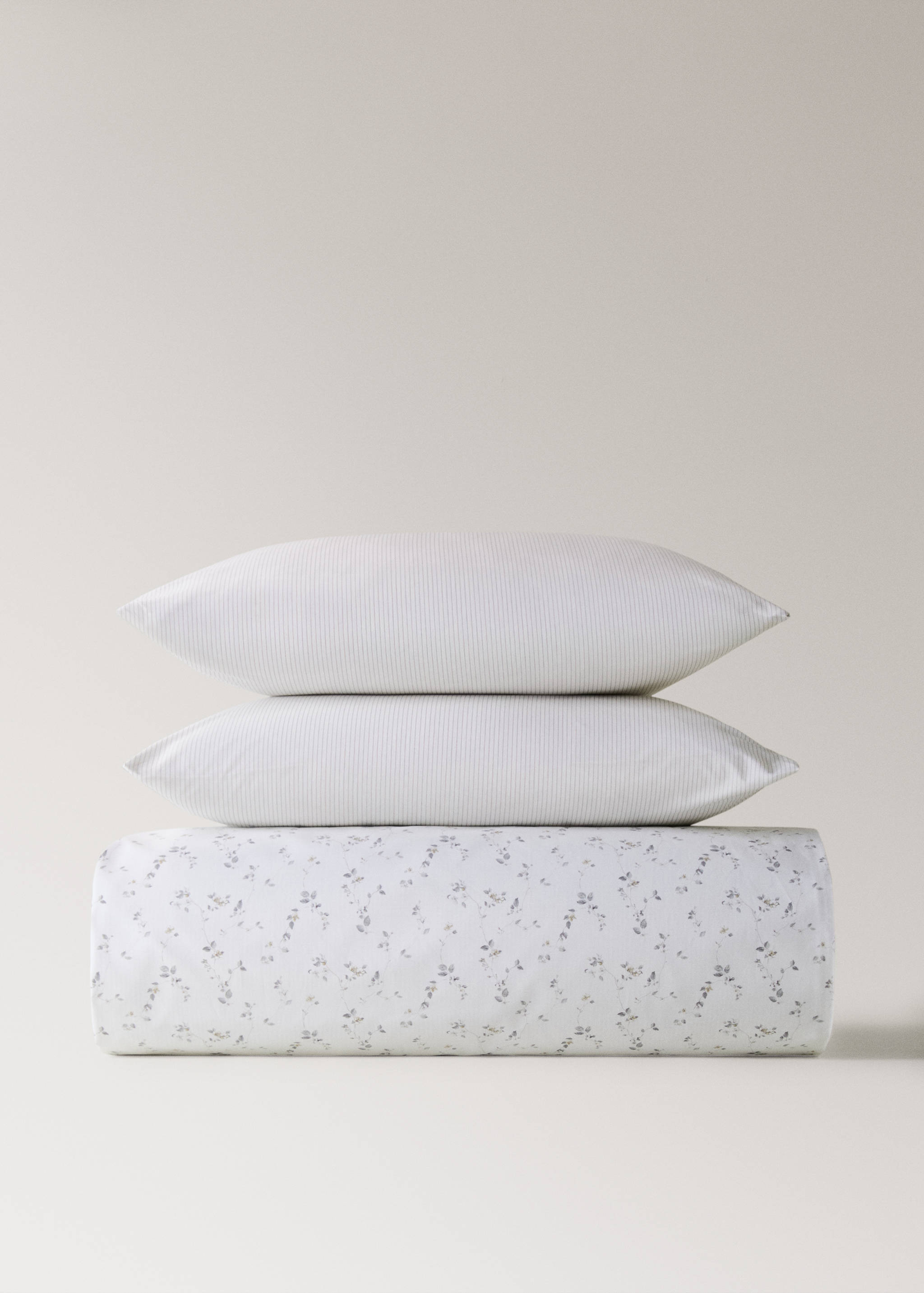Percale cotton floral and fine-stripe reversible duvet cover for 150/160 cm bed - Article without model