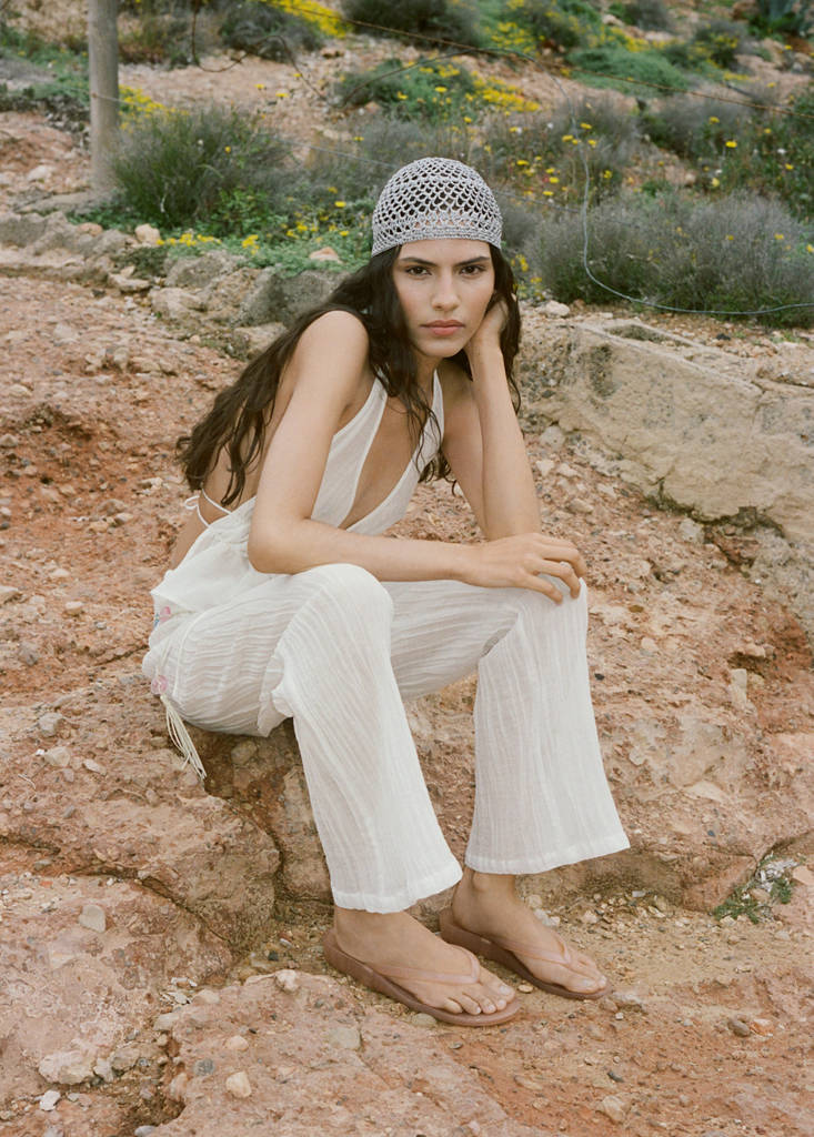 Fluid ramie trousers with bow — White