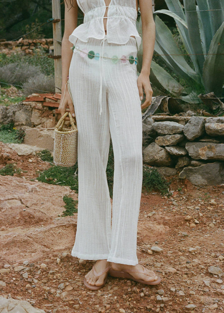 Fluid ramie trousers with bow — White