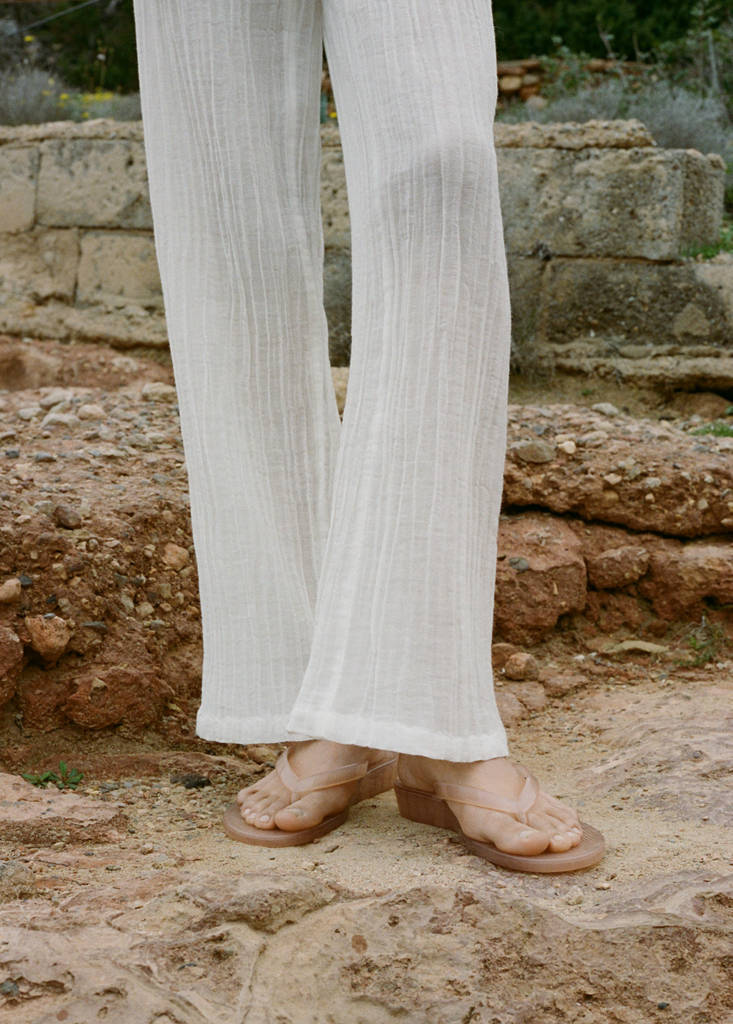 Fluid ramie trousers with bow — White