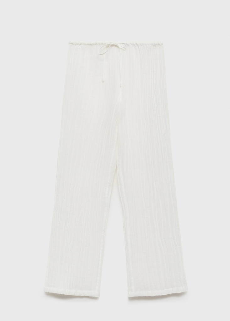 Fluid ramie trousers with bow — White