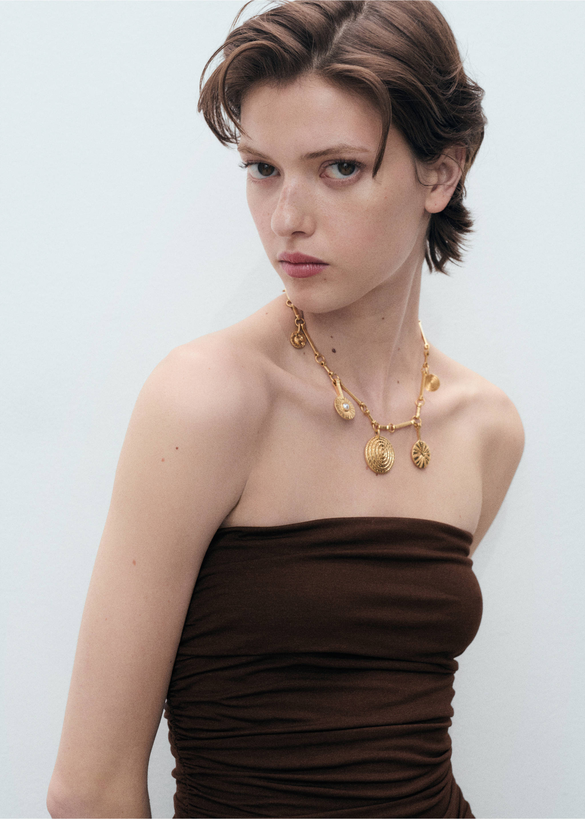 Combined strapless dress - Details of the article 1, Brown. Ref: 87039213-00.