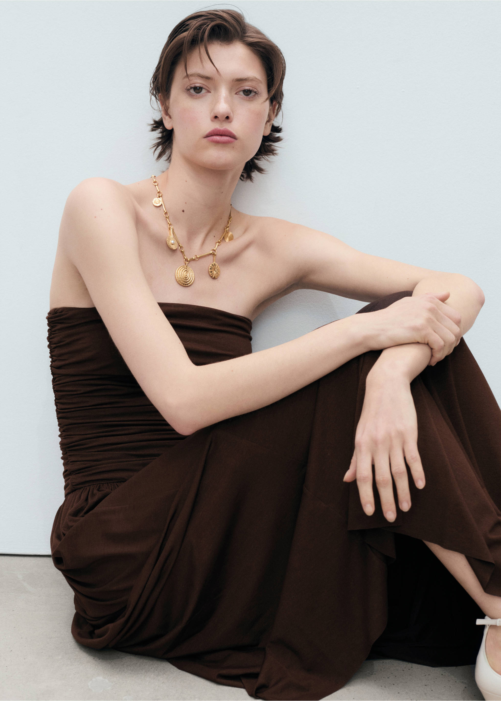 Combined strapless dress - Details of the article 2, Brown. Ref: 87039213-00.