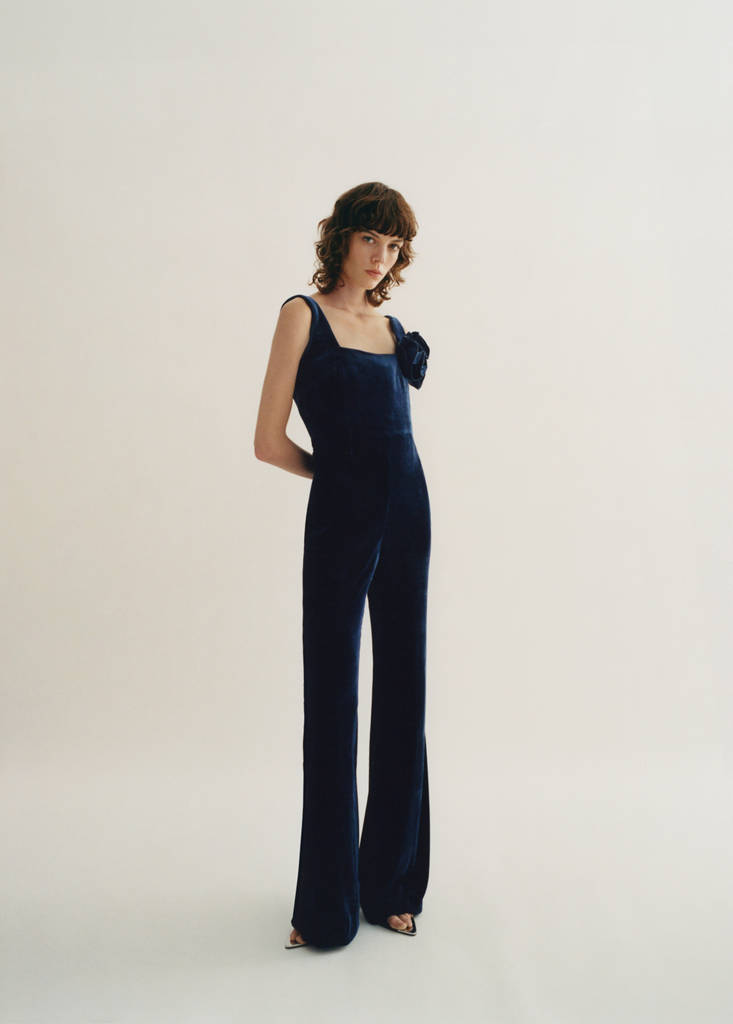 MANGO - Combinaison évasée velours larges bretelles bleu nuit - XS