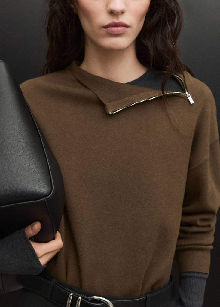 Perkins-neck sweater with zip — Khaki