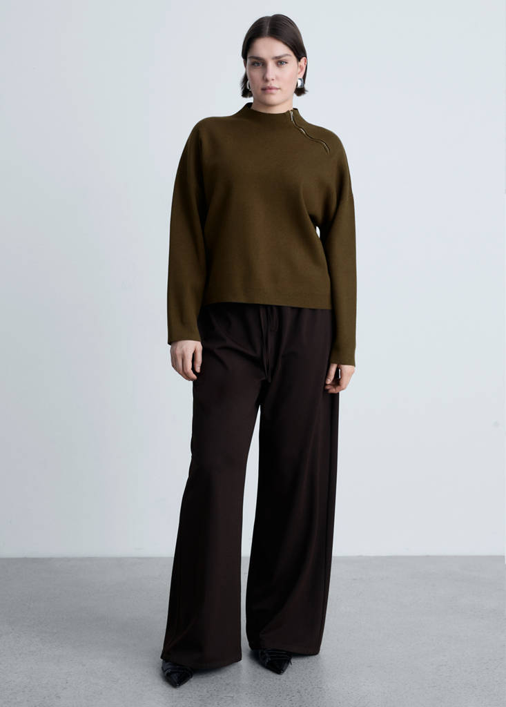 Perkins-neck sweater with zip — Khaki