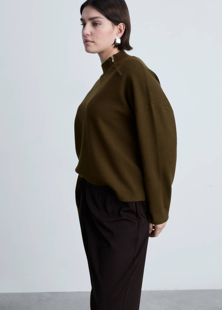 Perkins-neck sweater with zip — Khaki