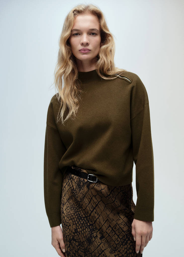 Perkins-neck sweater with zip — Khaki