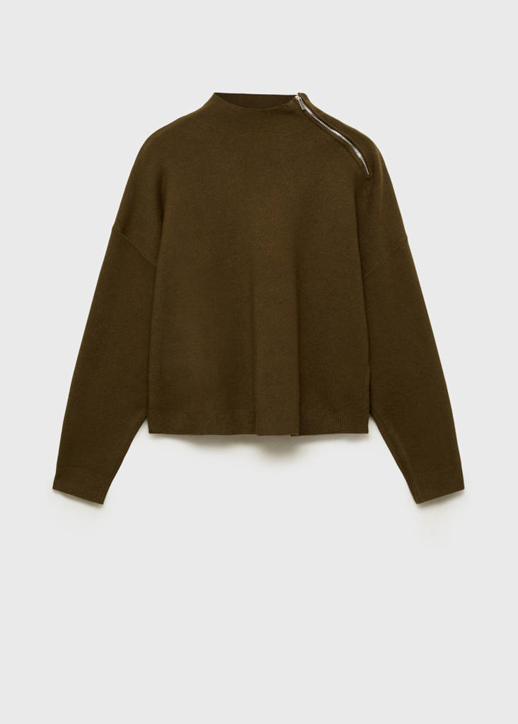 Perkins-neck sweater with zip — Khaki