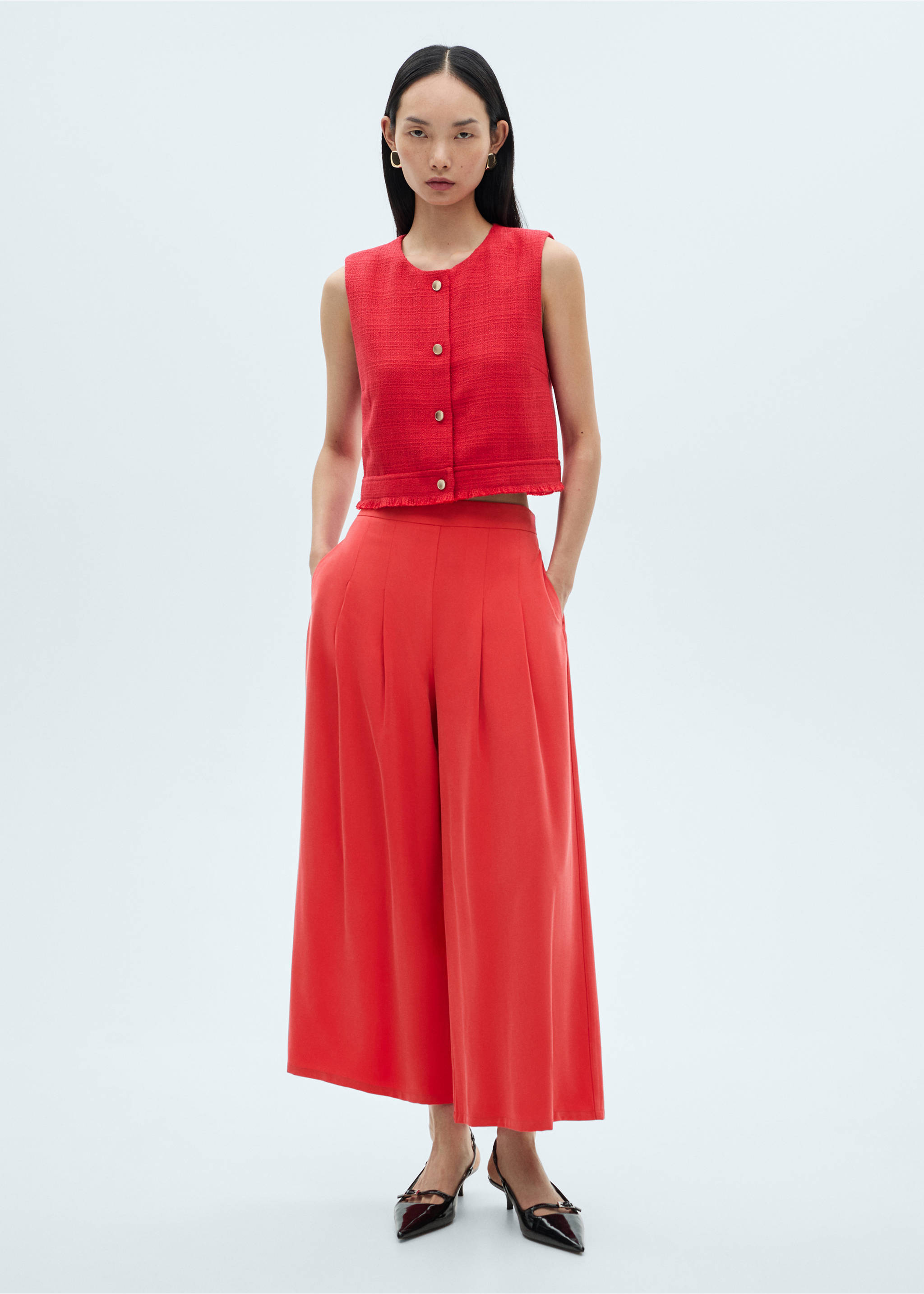 Pantalón wide leg tablas - Plano general, Rojo coral. Ref: 87040584-00.