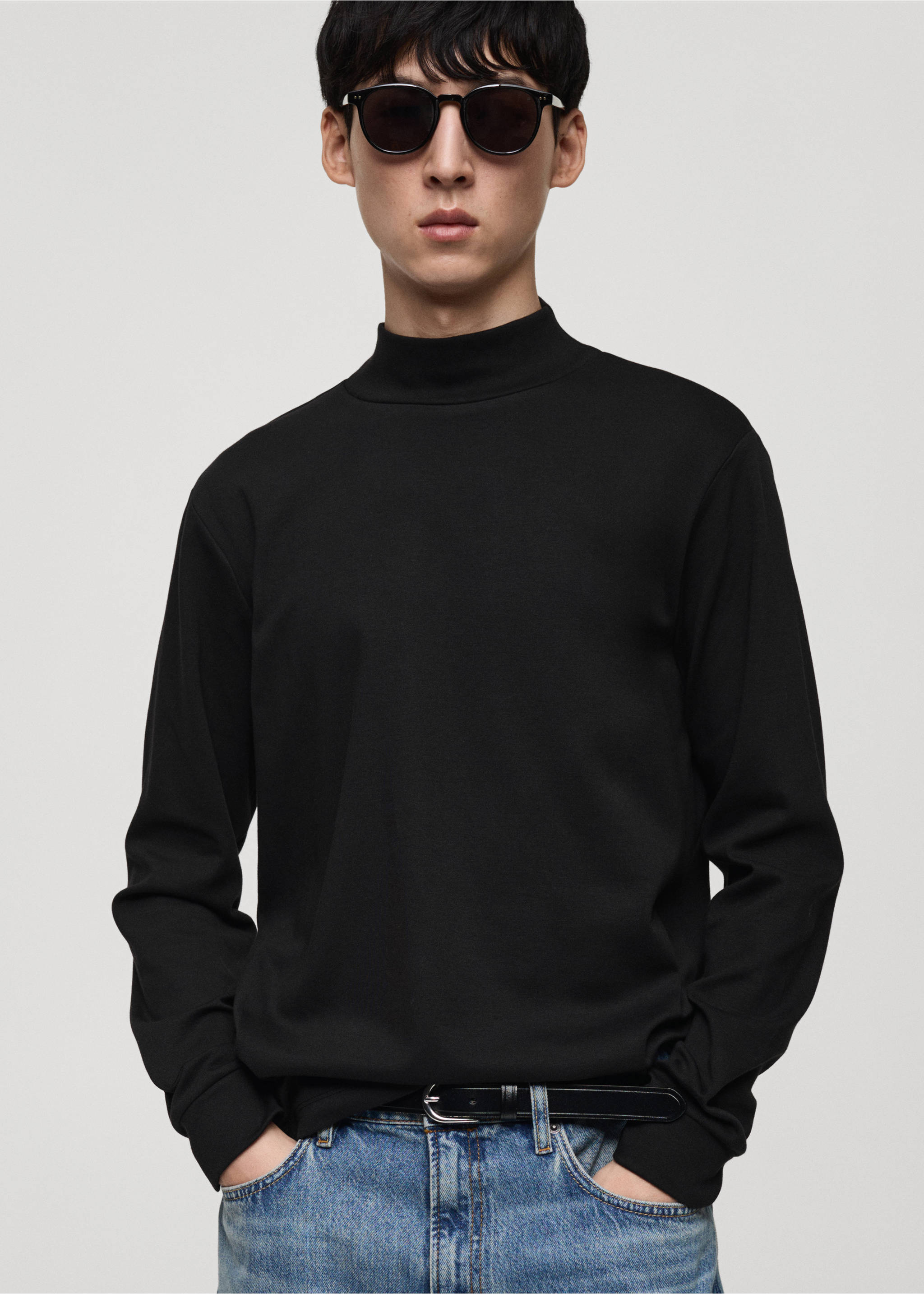 Perkins-neck long-sleeved t-shirt - Medium plane, Black. Ref: 87040601-00.