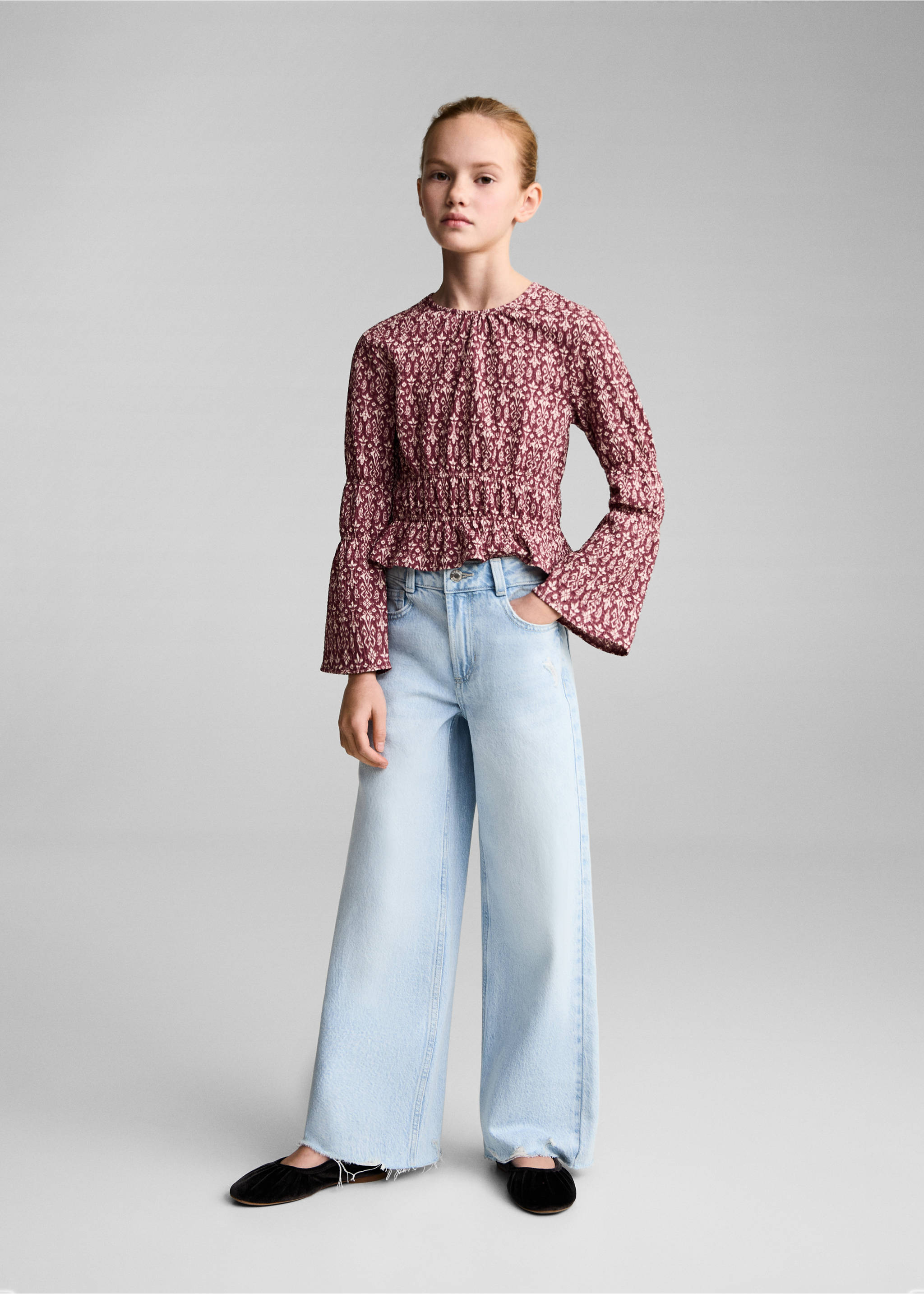 Ruched printed blouse - General plane, Maroon. Ref: 87040646-00.