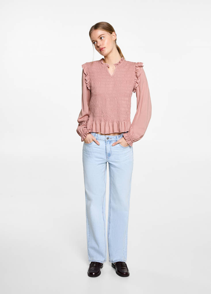 Ruched blouse with ruffles — Pastel Pink