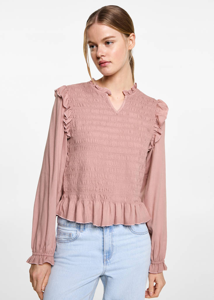 Ruched blouse with ruffles — Pastel Pink