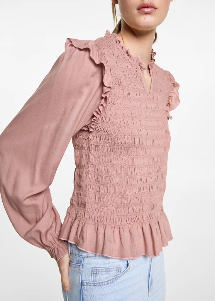 Ruched blouse with ruffles — Pastel Pink