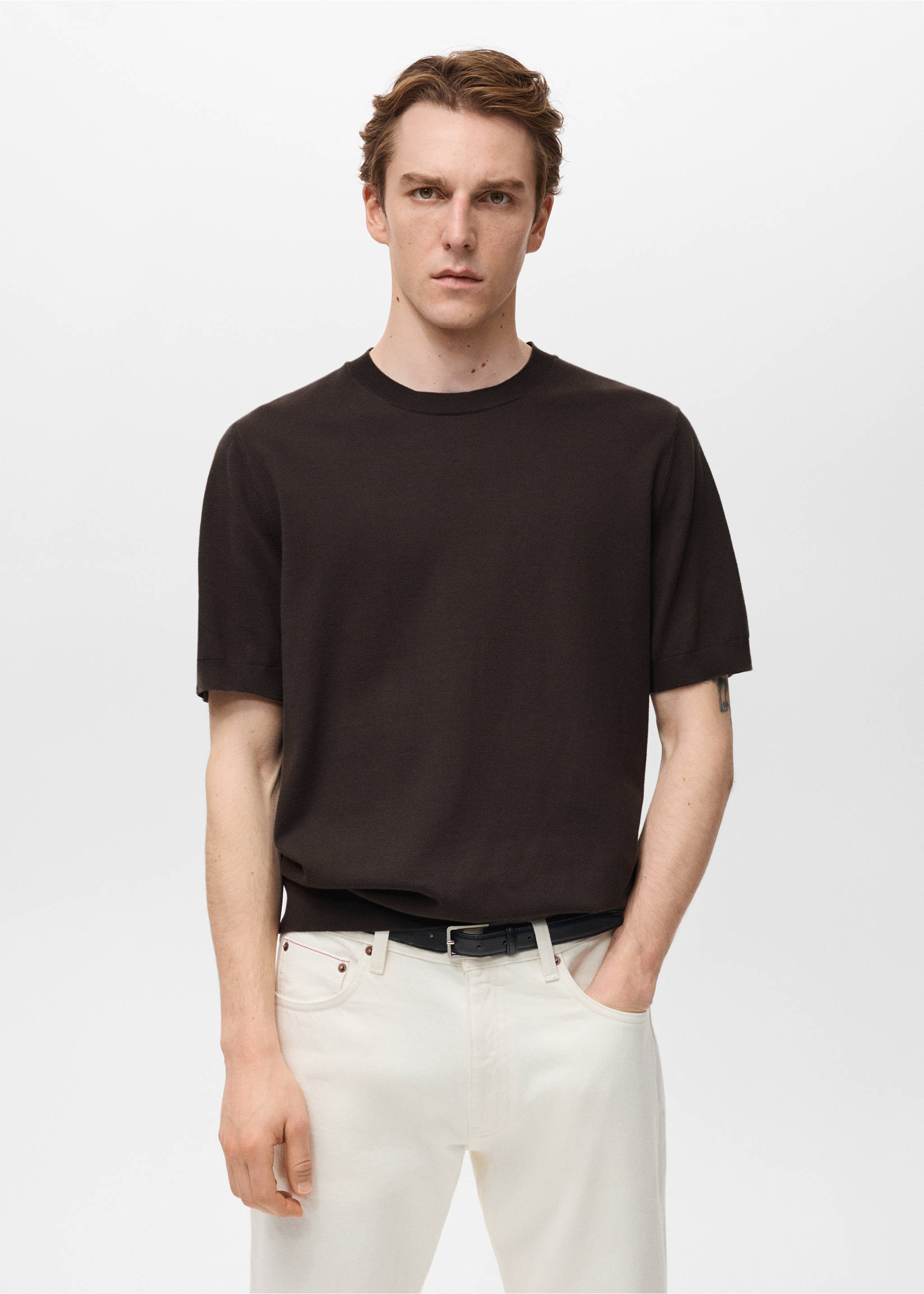Fijngebreid katoenen T-shirt - Middenvlak, Chocoladebruin. Ref: 87044410-00.