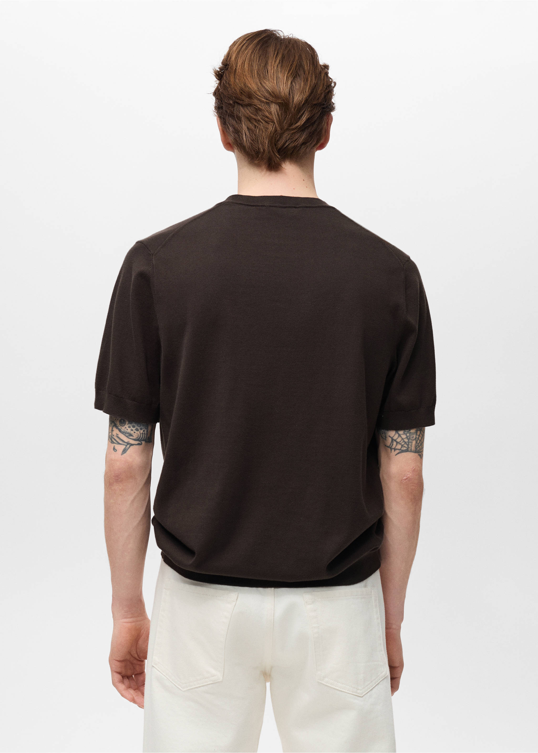 Fijngebreid katoenen T-shirt - Achterkant van het artikel, Chocoladebruin. Ref: 87044410-00.