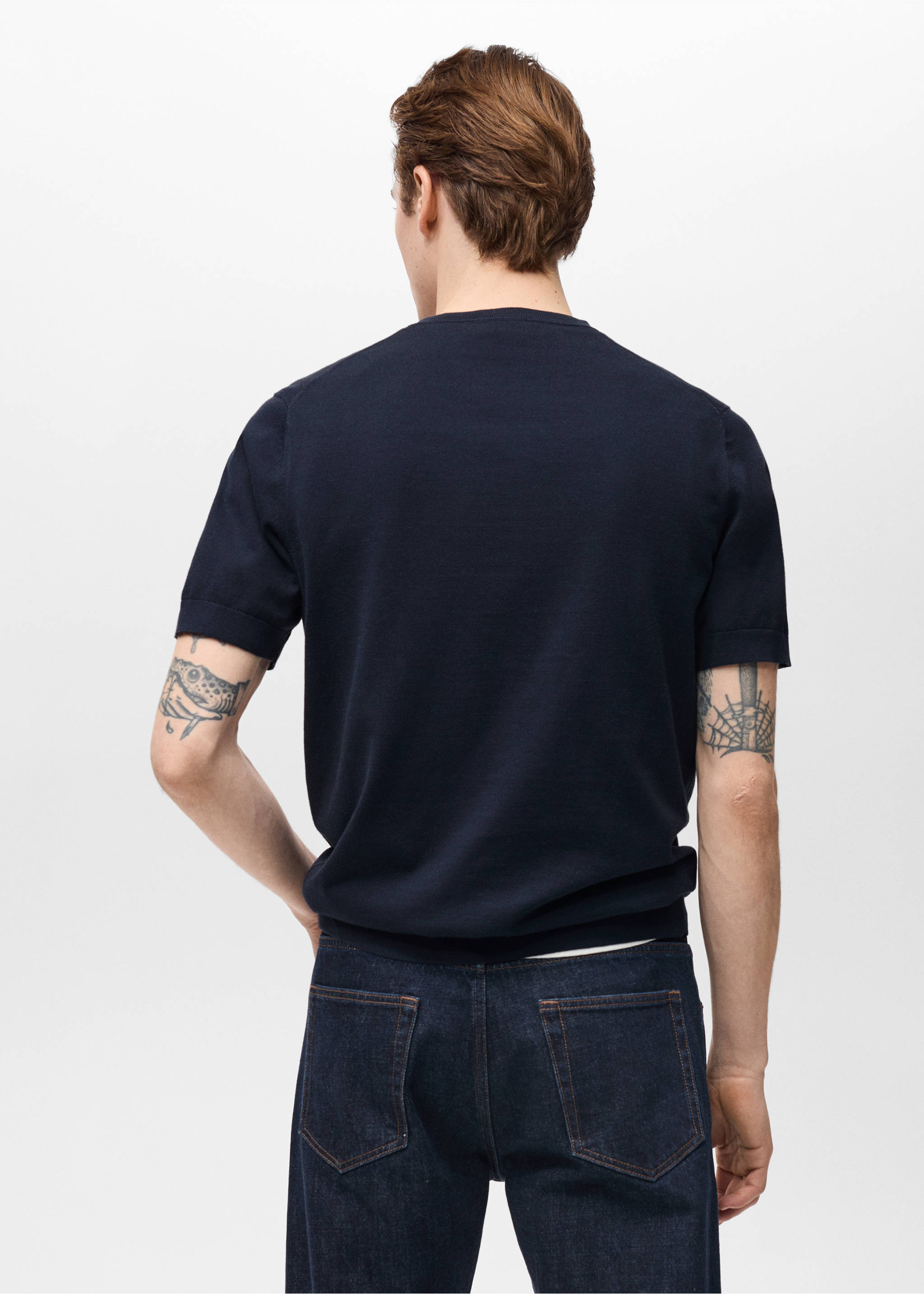 Fijngebreid katoenen T-shirt - Achterkant van het artikel, Nachtblauw. Ref: 87044410-00.