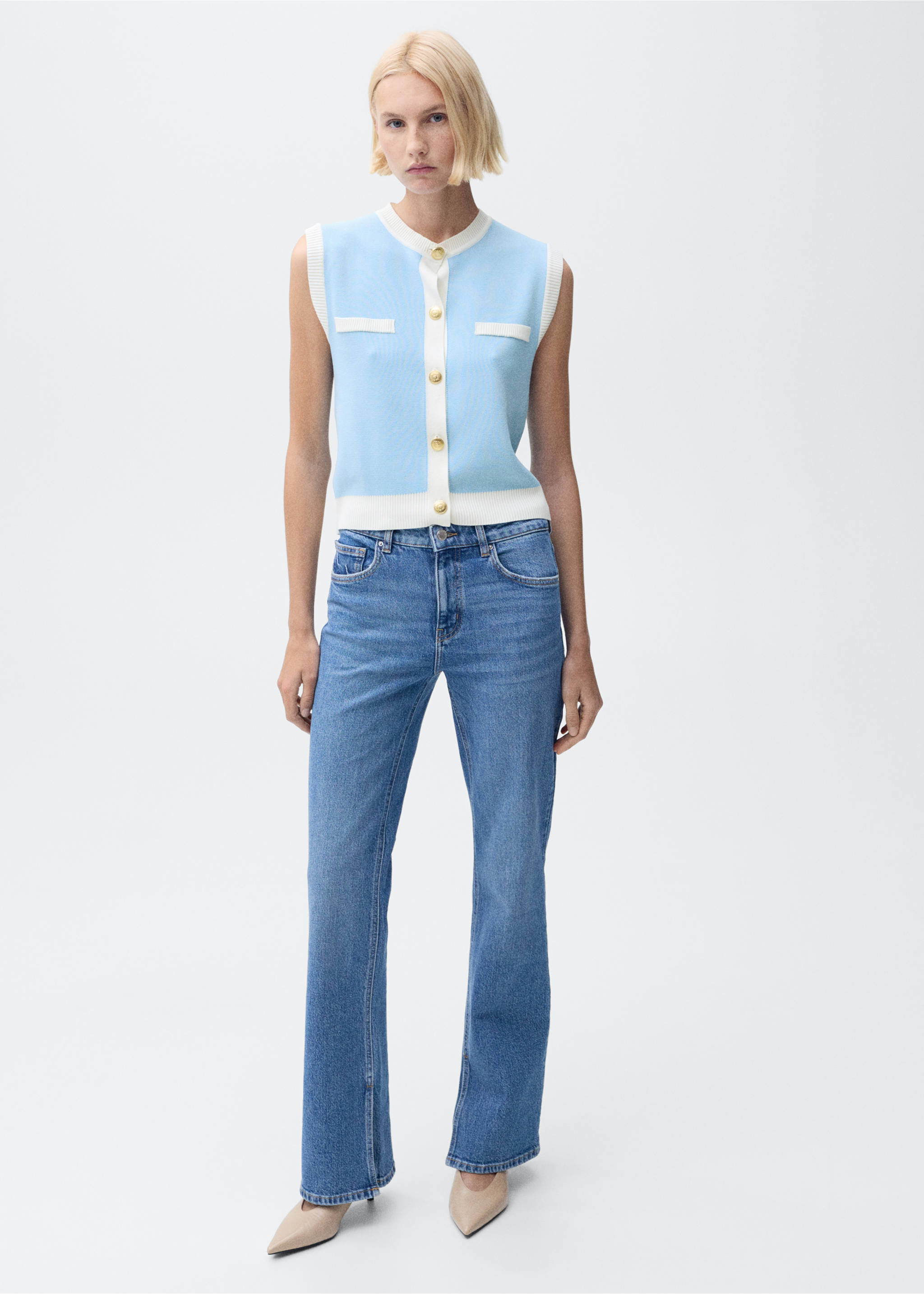 Knitted waistcoat with contrast piping - General plane, Turquoise. Ref: 87045763-00.