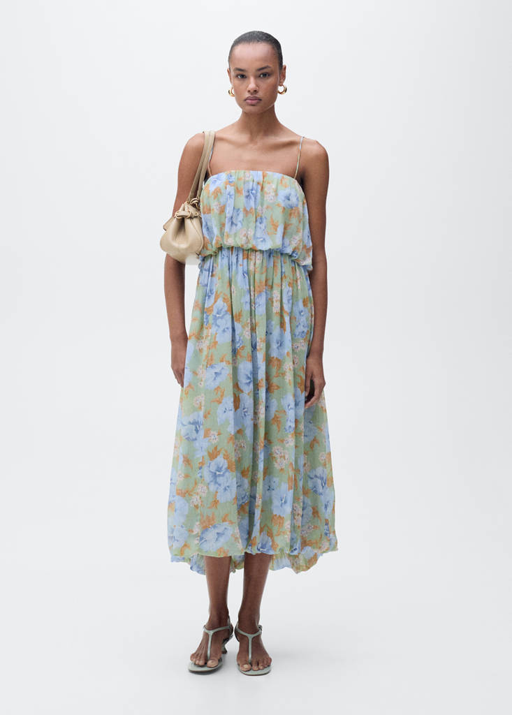 MANGO - Robe à fleurs taille froncée vert menthe - L