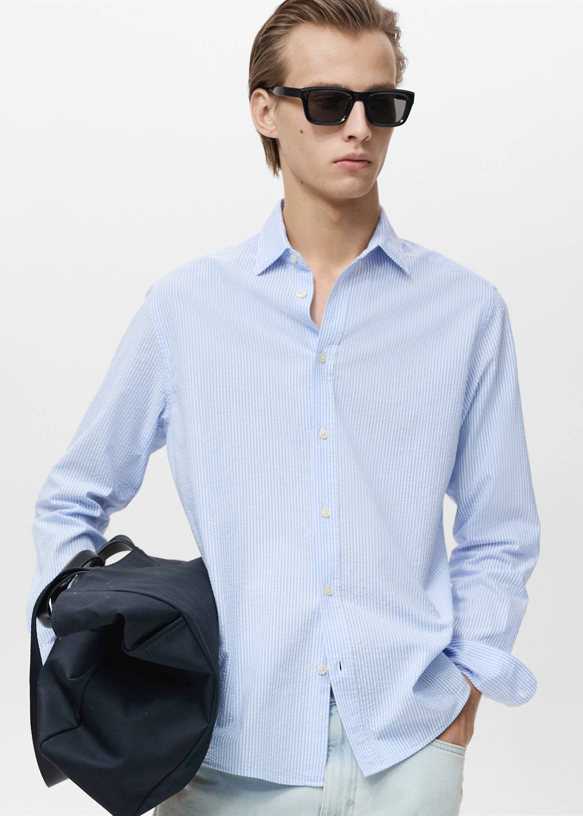 Striped seersucker shirt — Sky Blue