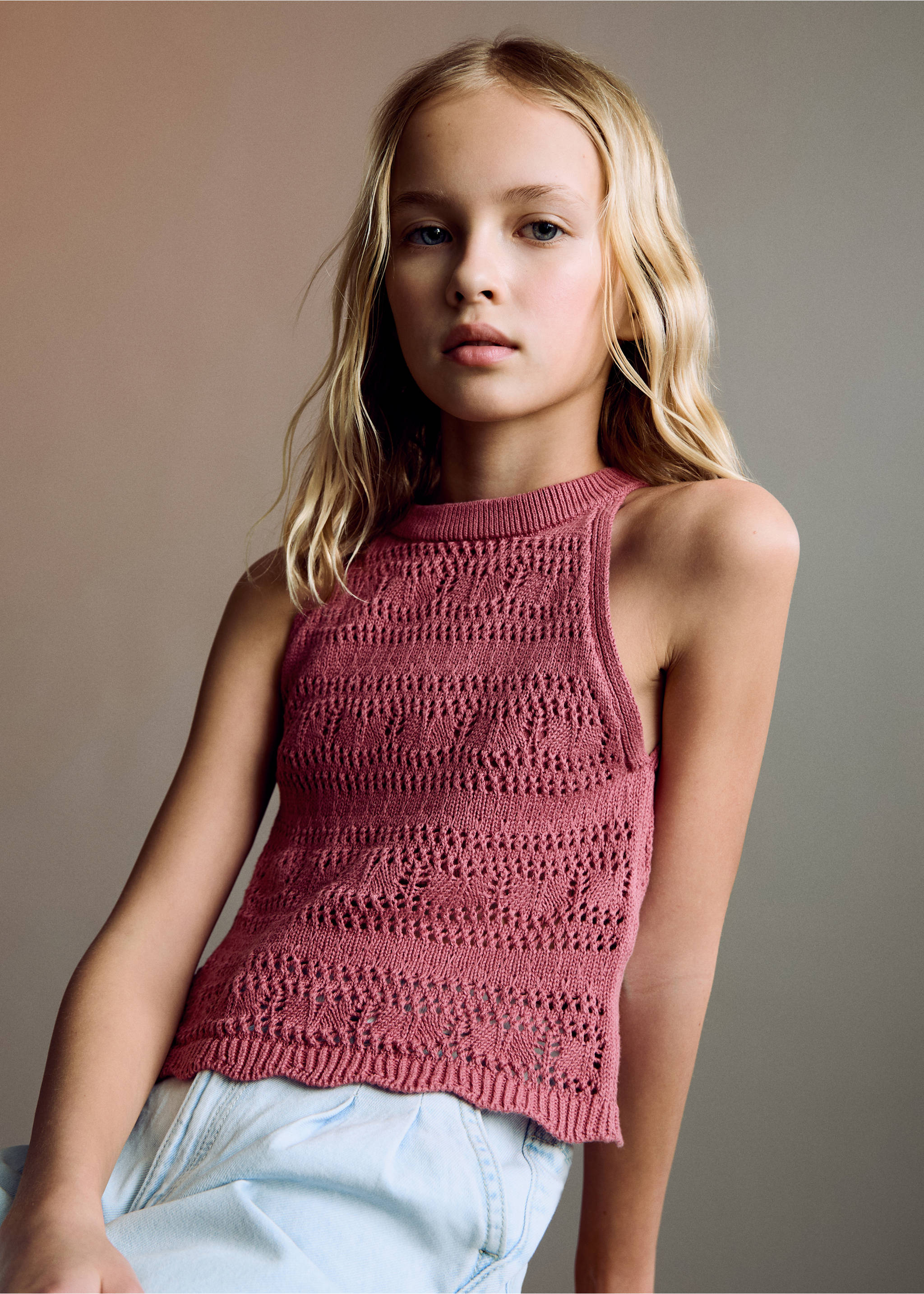 Openwork knit cotton top - Medium plane, Strawberry. Ref: 87045956-00.