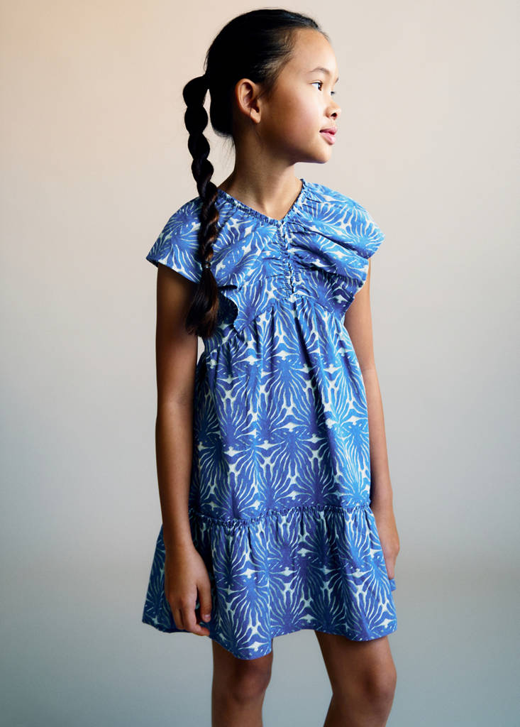 Printed dress with ruffled sleeves — Blue