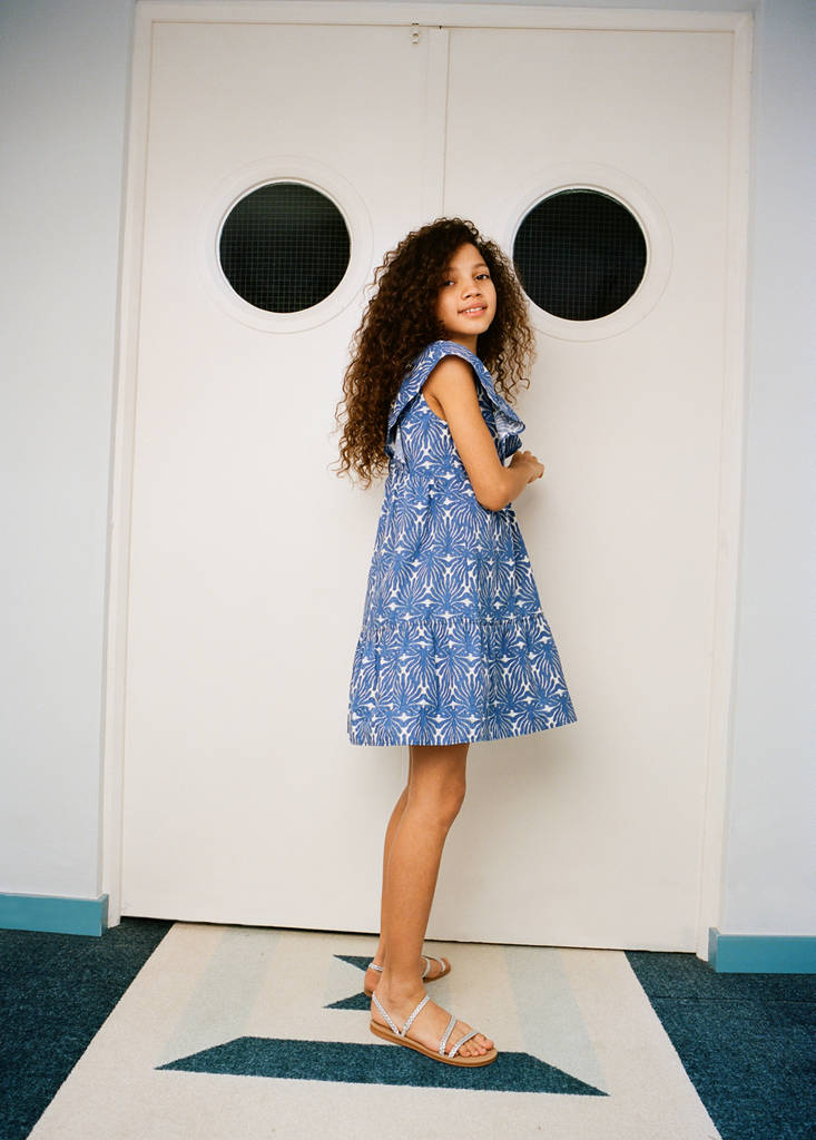 Printed dress with ruffled sleeves — Blue