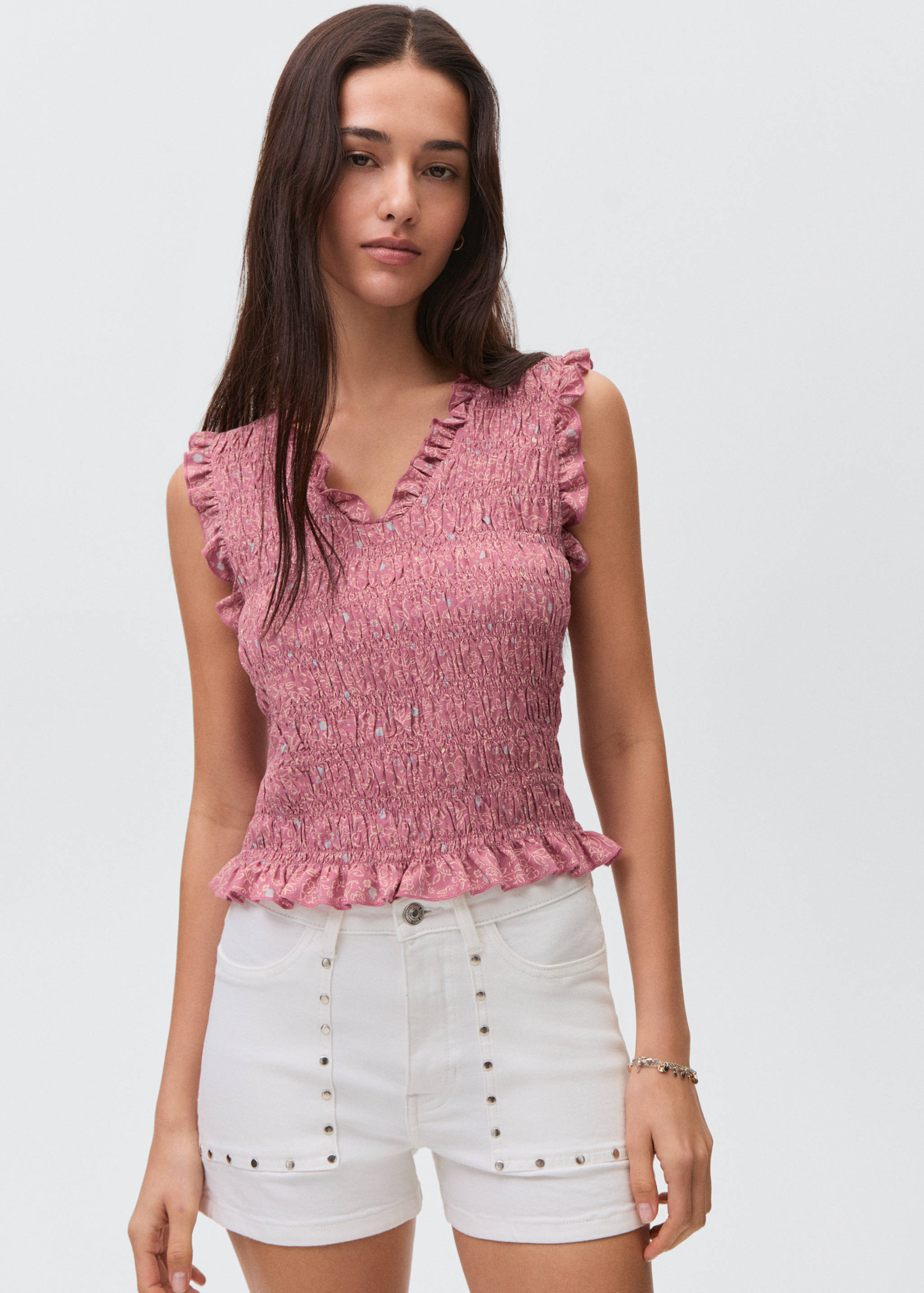 Top mit V-Ausschnitt und Knitter-Effekt - Mittlere Ansicht