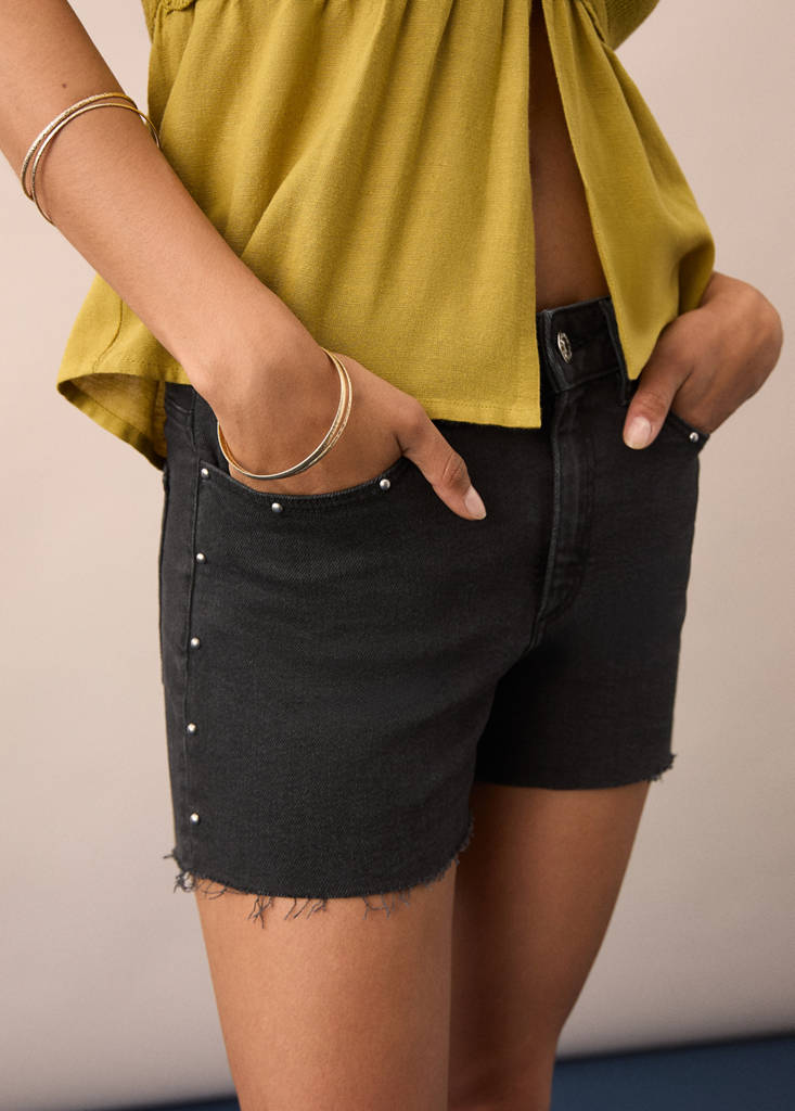 Studded denim shorts — Black denim