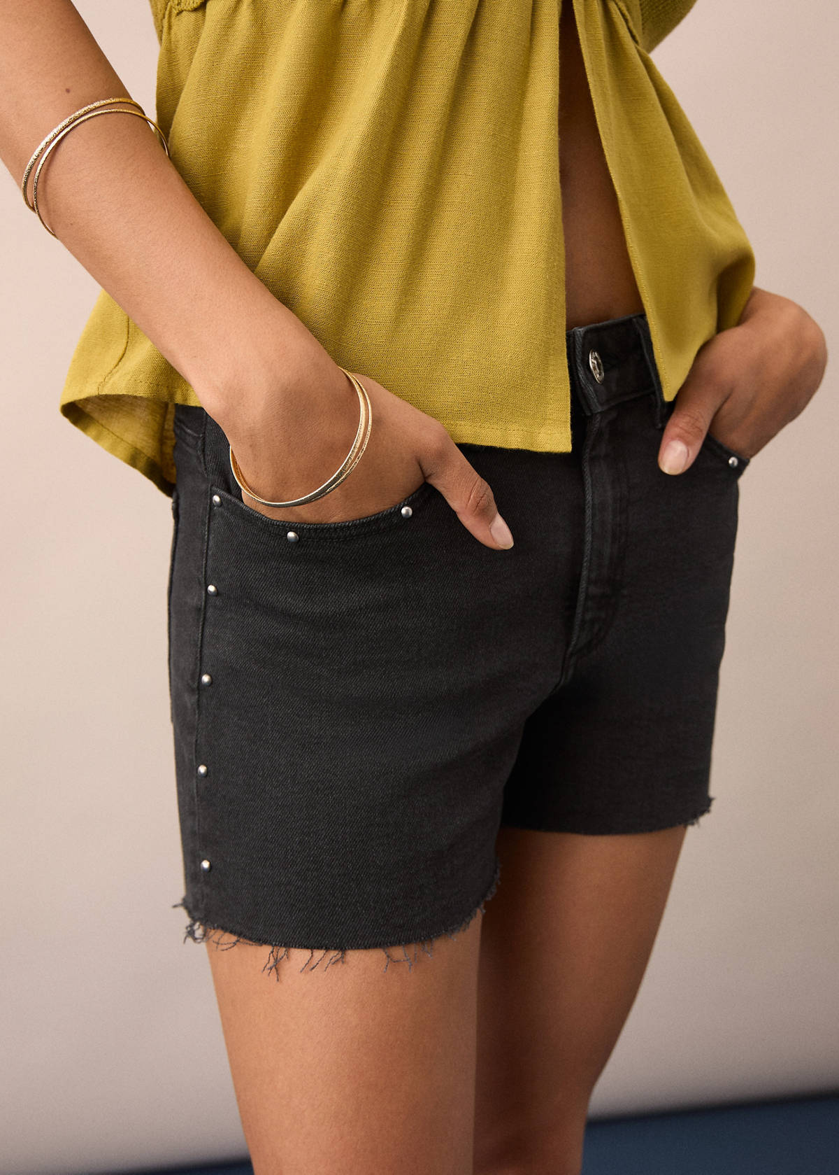 Studded denim shorts — Black denim