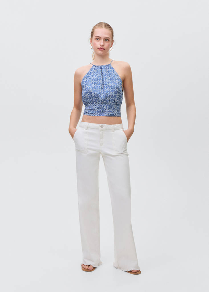 Printed halter-neck cropped top — Dark Navy