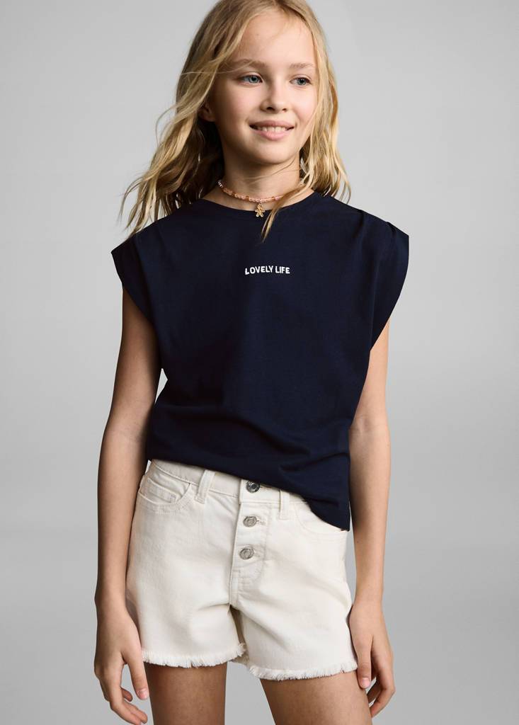 T-shirt with message and pleated shoulders — Dark Navy
