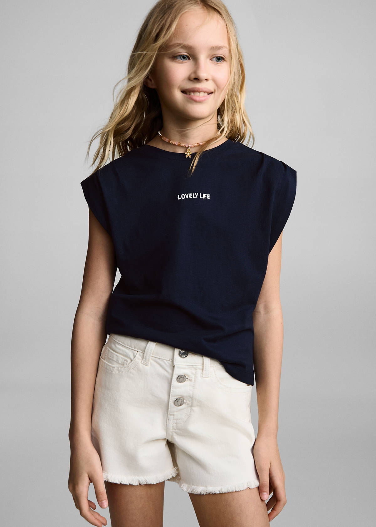 T-shirt with message and pleated shoulders — Dark Navy
