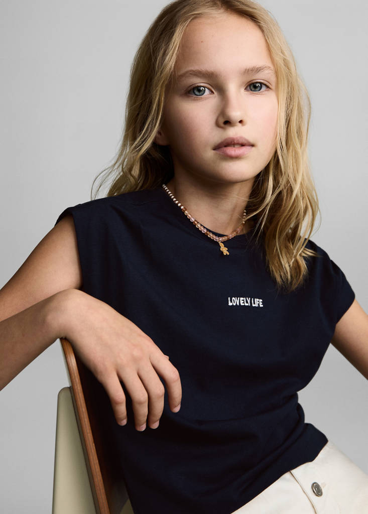 T-shirt with message and pleated shoulders — Dark Navy