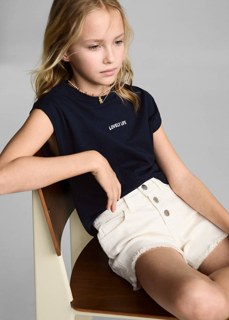 T-shirt with message and pleated shoulders — Dark Navy
