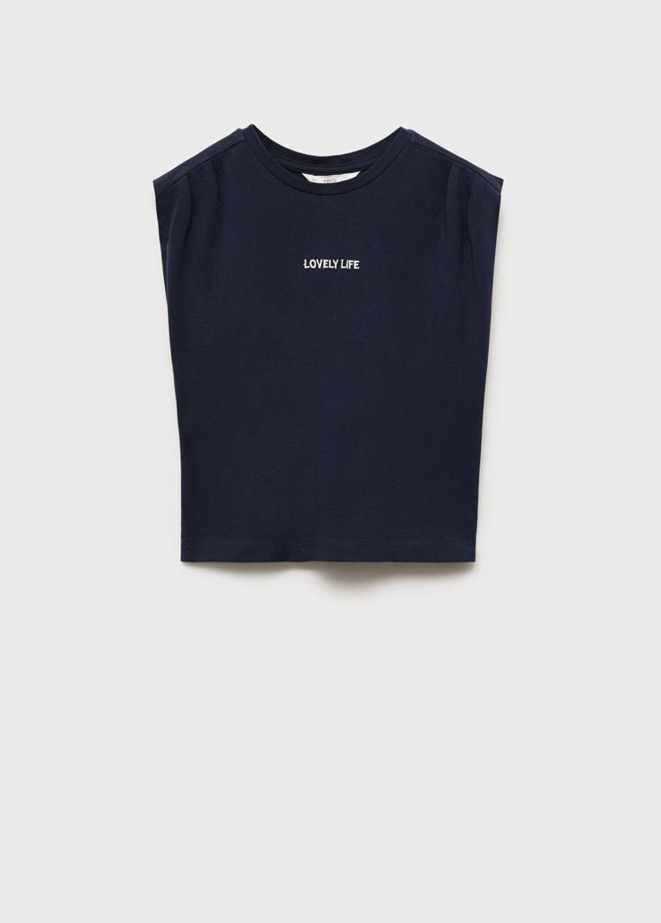T-shirt with message and pleated shoulders — Dark Navy