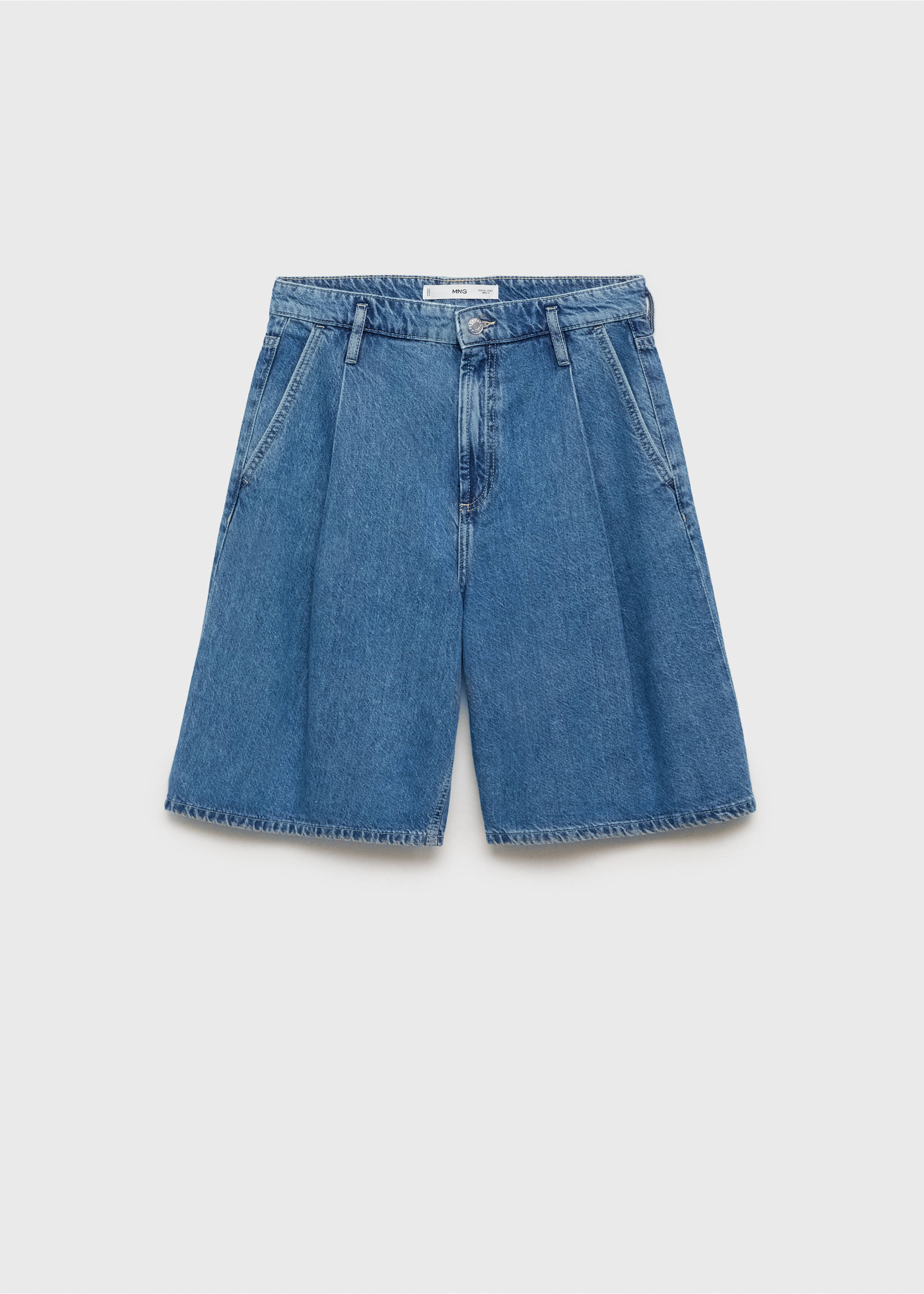 Pleated denim bermuda jorts - Article without model, Medium Blue. Ref: 87047176-00.