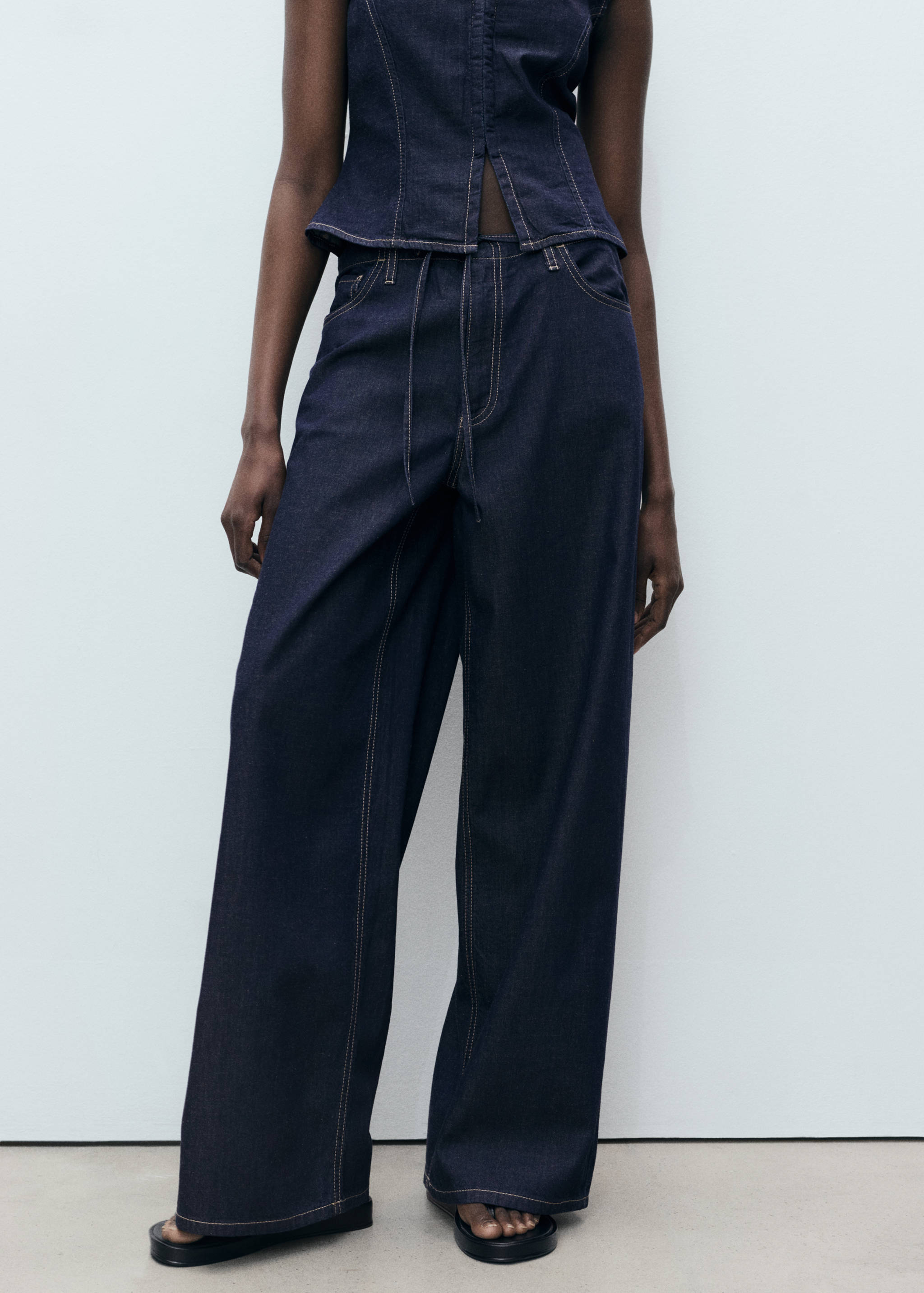 Wide leg denim trousers with belt - Medium plane