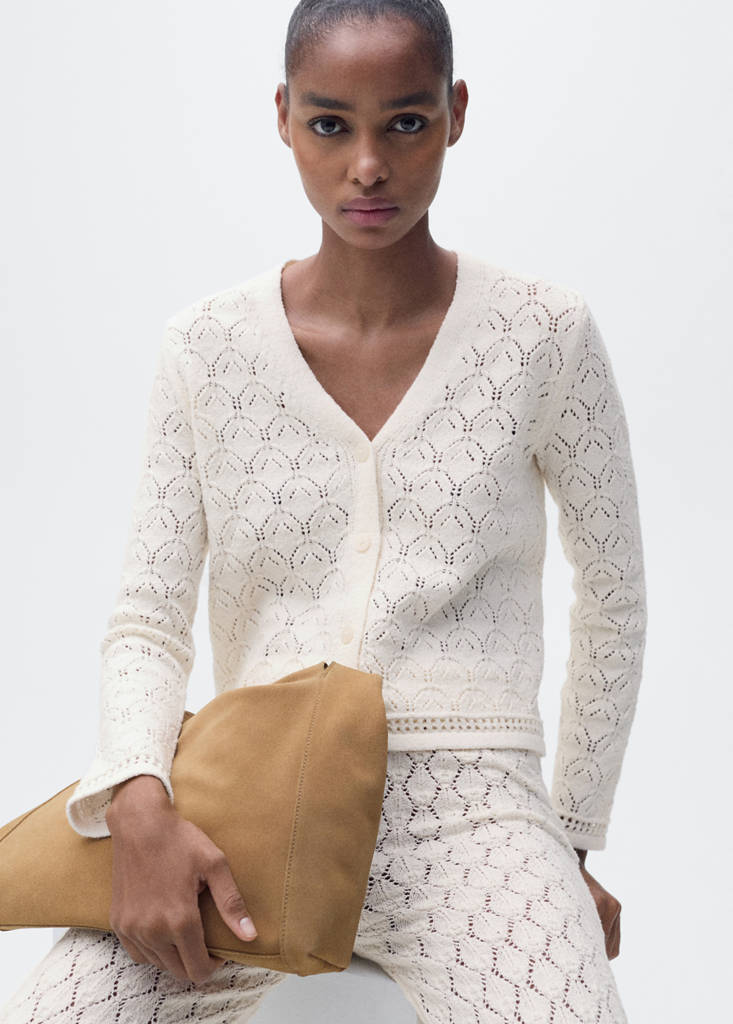Openwork detail knit cardigan — Ecru
