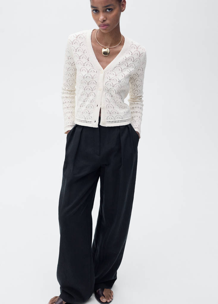 Openwork detail knit cardigan — Ecru
