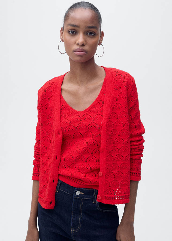 Openwork detail knit cardigan — Red