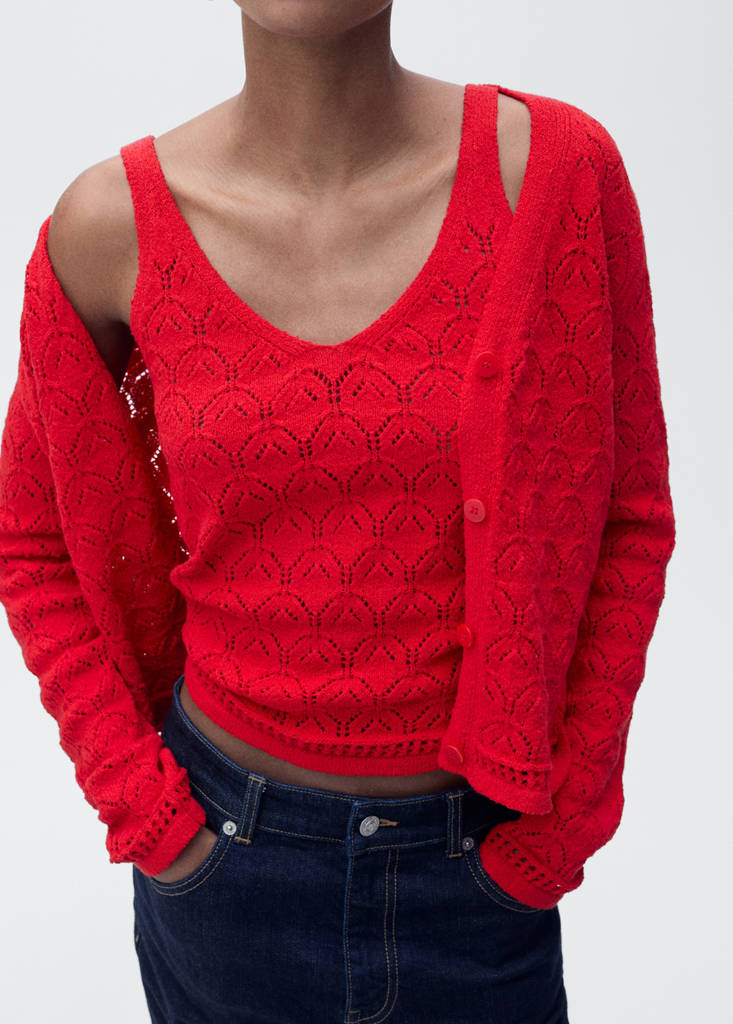 Openwork detail knit cardigan — Red