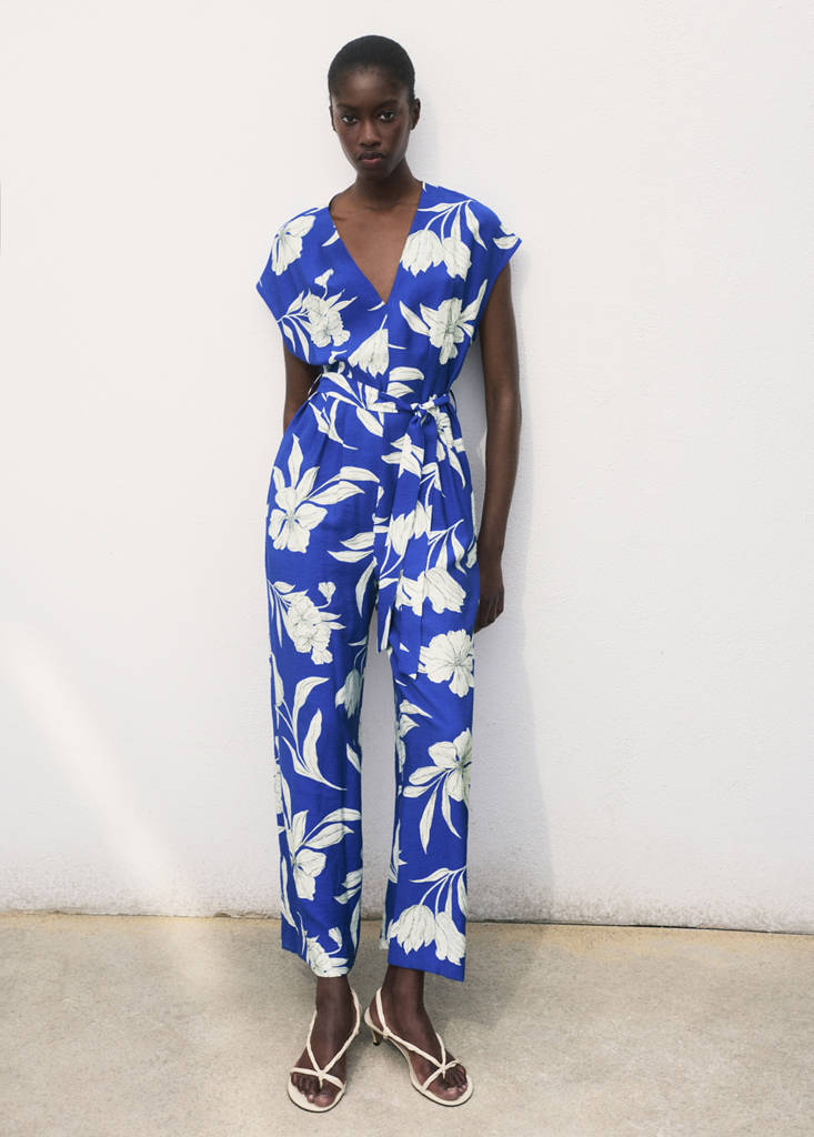 Printed long jumpsuit with belt — Blue