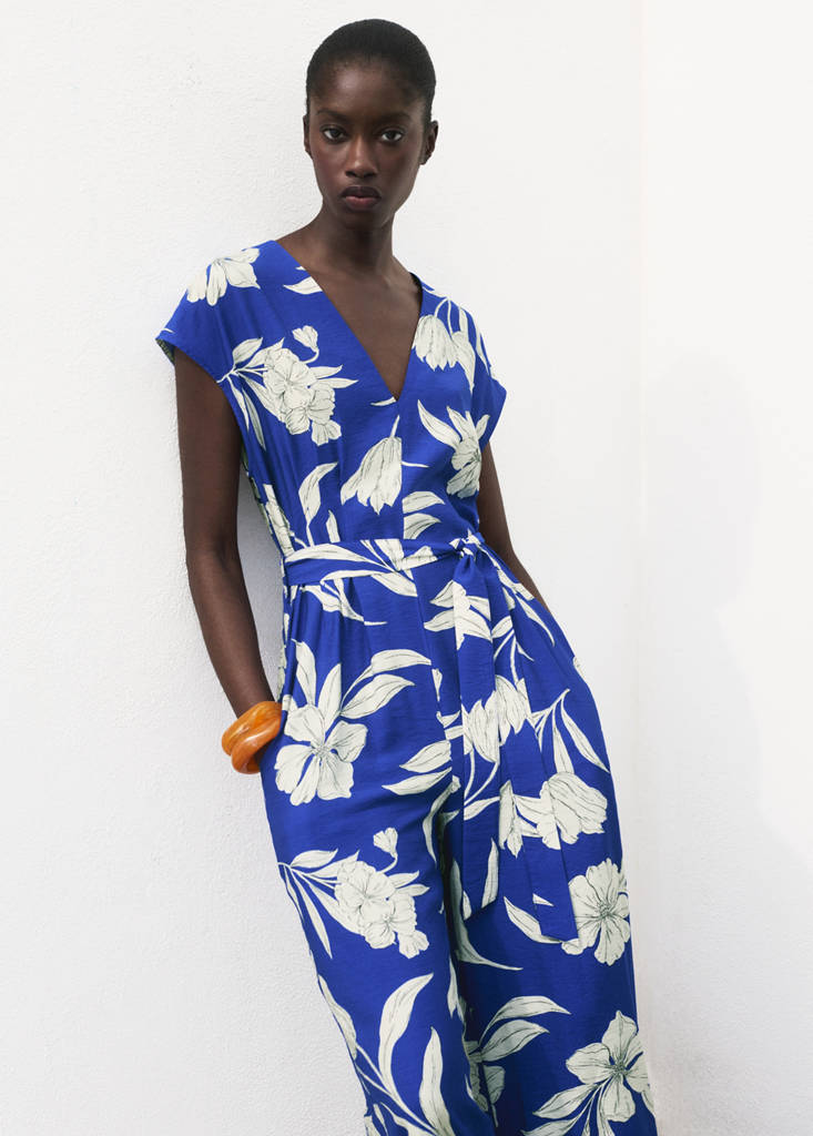 Printed long jumpsuit with belt — Blue