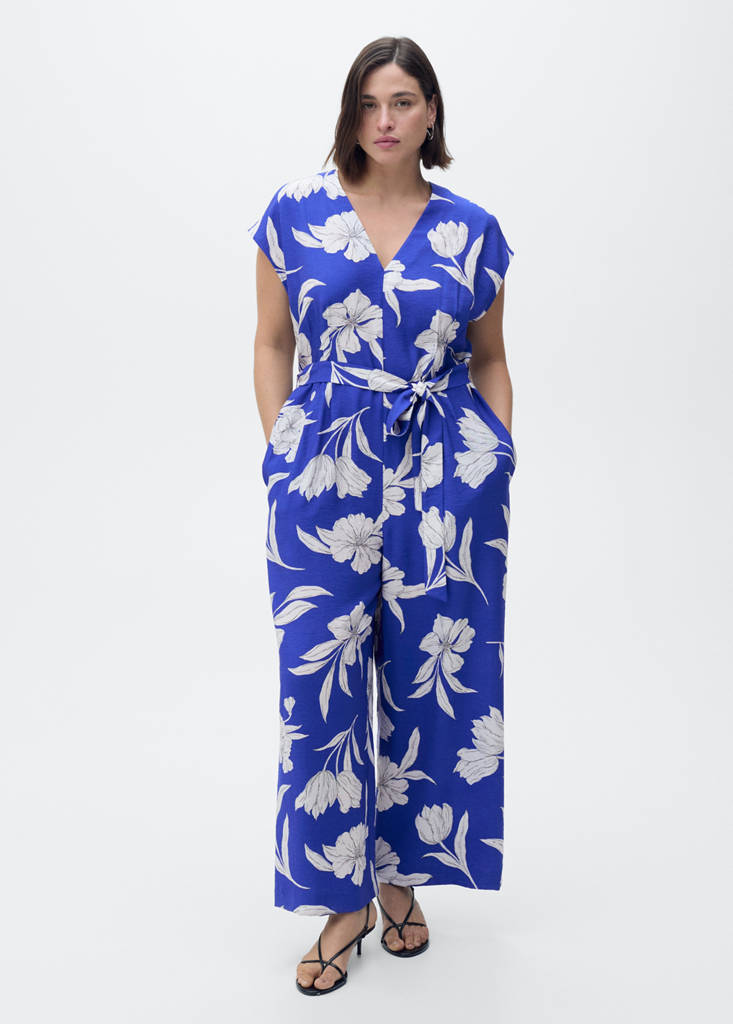 Printed long jumpsuit with belt — Blue